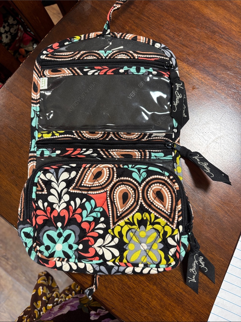 Vera Bradley Black Multicolor Paisley & Floral Hanging Travel Cosmetic Bag